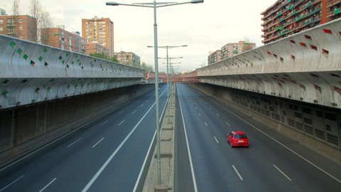 Barcelona, Spain. March 15th 2020: State of Alarm due to Coronavirus in Spain. Empty Gran Via Highway in Barcelona