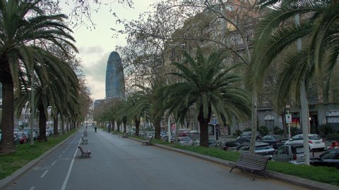 Barcelona, Spain. March 15th 2020: State of Alarm due to Coronavirus in Spain. Empty Glorias Area in Barcelona. Goverment decree lock down the city limiting the movement of citizens 