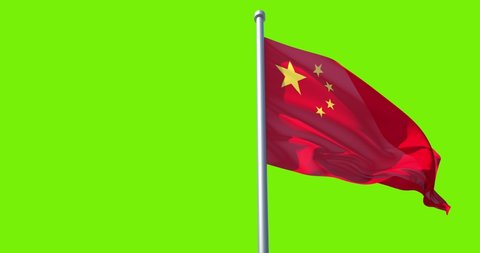 China flag on flagpole on green background. China Flag in Slow Motion.  The People's Republic of China (PRC) flag waving in wind. Great for History, presentation with texts and corporate projects.