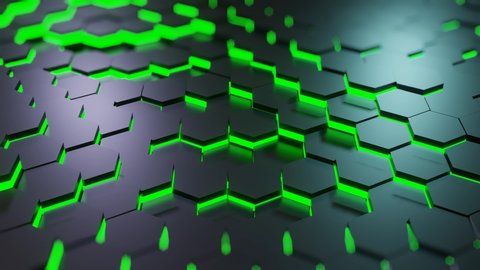 Abstract of futuristic black surface honeycom hexagon pattern with green. Moving green futuristic  backgound. 4K 3D loop animation