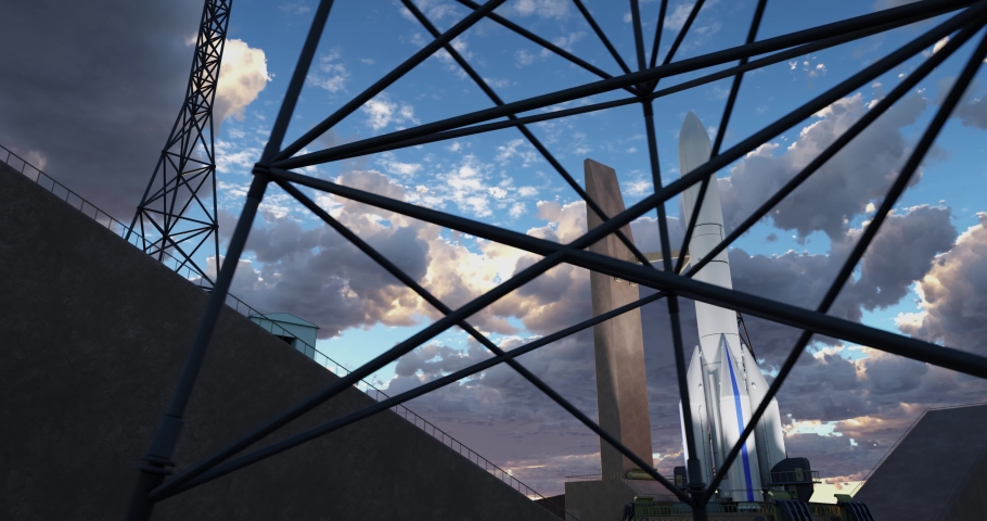 Space rocket at launch pad. 3d animation. Camera rotating around shuttle. Sunset blue sky, dramatic clouds and spotlights lighting rocket. Cinematic 4k resolution. Ariane 6.