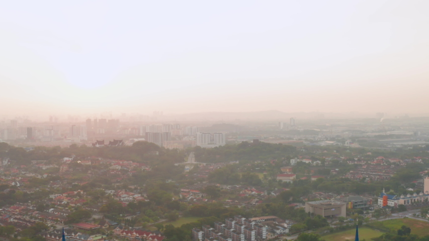 Aerial view of the bautiful Sultan Salahuddin Abdul Aziz Mosque in Shah Alam, Selangor, Malaysia at dawn.