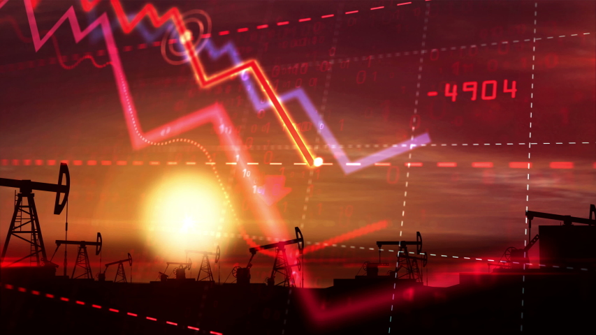 Oil and fuel business in crisis concept. Chart of fall in oil prices in global markets with working pump silhouette in background. loopable 3d animation. Royalty-Free Stock Footage #1048450207