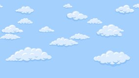 Cartoon clouds floating on the blue sky background. Seamless looping animation.