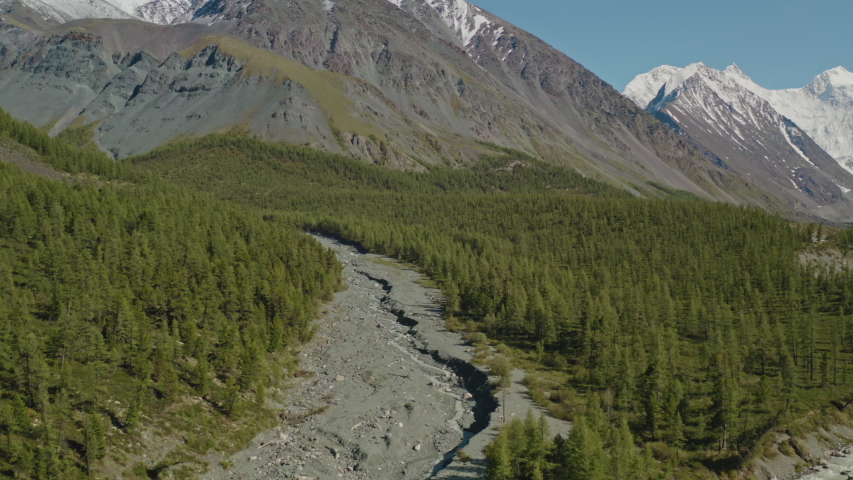 Glacial creek flows over scree riverbed in green forest at foot of snow mountain