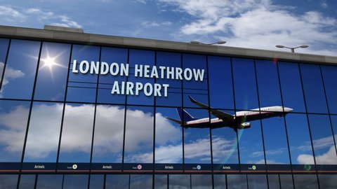 Jet aircraft landing at London, Heathrow, England, UK, GB, 3D rendering animation. Arrival in the city with the airport terminal and reflection of plane. Travel, business, tourism, transport concept.