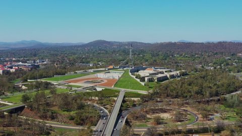 CANBERRA, AUSTRALIA – FEBRUARY 24, 2020: Aerial drone view of Australian Parliament House in Canberra, the capital city of Australia, on a sunny day 