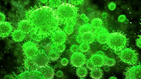 Green virus cells flowing. Viral disease global pandemic outbreak.Microorganisms macro close up 3d render loop background