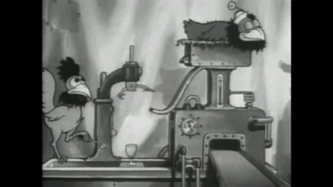 CIRCA 1933 - In this animated film, a machine is used to crack chicken eggs as soon as they are laid.