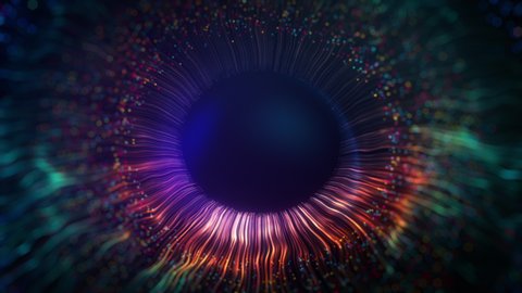 Human multicolored iris of the eye animation concept. Rainbow lines after a flash scatter out of a bright white circle and forming volumetric a human eye iris and pupil. 3d rendering background in 4K.