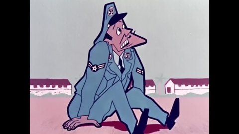 CIRCA 1950s - An obnoxious airman is excluded by genial airmen and his military stripes are unwoven, at a United States Air Force base.