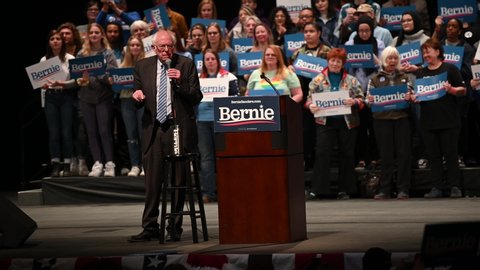 Saint Louis, MO, USA - March 9, 2020: Democratic candidate Bernie Sanders speaks to supporters at the Stifel Theatre during the Bernie 2020 Rally in Saint Louis.