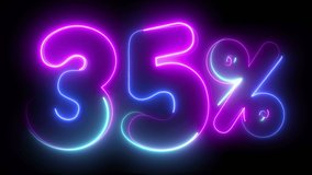 Set of neon text animation template discounts 25% 35% 45% 55% 65% 75% Neon discounts. Discounts glow in the dark