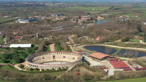 France, Les Epesses, Gallo Roman style coliseum in natural park, drone aerial view close to arena