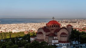 Establishing Aerial View Shot of Thessaloniki, Church of Saint Pavlos, Port and Old Town, Greece
