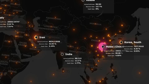 Animated map of spreading of the coronavirus COVID 19 pandemic from wuhan in china across the world. Dark map with orange colored cities with statistics data. 3d rendering concept background in 4K.