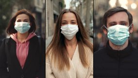 Group of people in masks, collage citizens Virus mask on street wearing face protection in prevention for coronavirus covid 19. public space on second wave covid quarantine - Powered by Shutterstock - Get 15% off with code: PIKWIZARD15