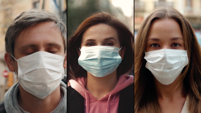 Group of people in masks, collage citizens Virus mask on street wearing face protection in prevention for coronavirus covid 19. public space on quarantine Royalty-Free Stock Footage #1048545436