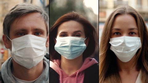 Group of people in masks, collage citizens Virus mask on street wearing face protection in prevention for coronavirus covid 19. public space on quarantine