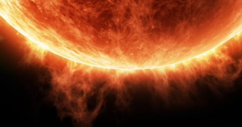 Realistic sun surface with flares.Burning Sun Planet in Space - Animation .4K Sun Solar Atmosphere isolated on black background.