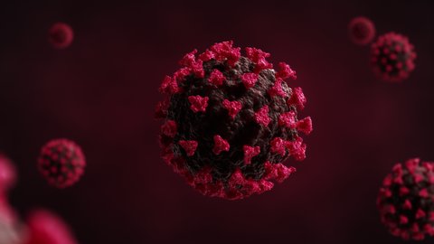 Realistic 3D animation rendering of coronavirus 2019-nCoV COVID-19 cells composition on abstract dark red background