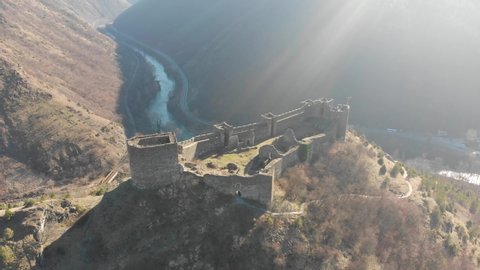 Aerial view of medieval fortress on the hill in sunny day, Maglic, Serbia