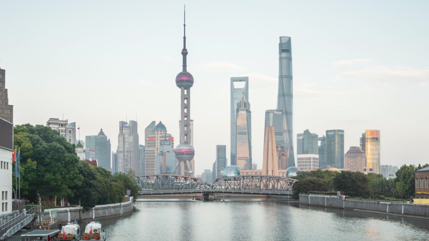 hyper lapse of sunset, Shanghai skyline and Waibaidu bridge, China Royalty-Free Stock Footage #1048572454