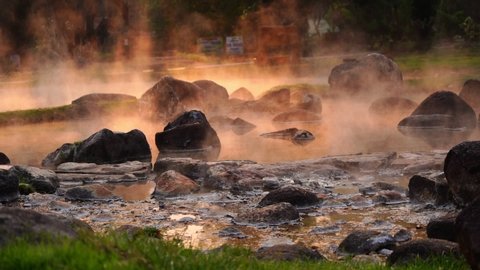 Hot Springs Onsen Natural Bath at National Park Chae Son, Lampang Thailand.In the morning sunrise.Natural hot spring bath surrounded by mountains in northern Thailand.