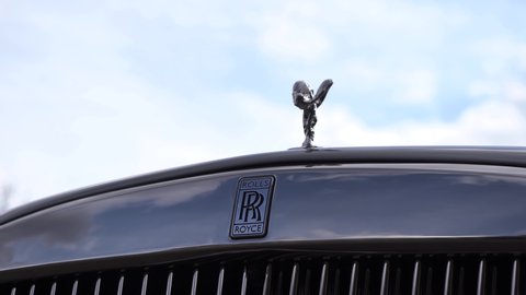 Moscow, Russia - 13 03 2020: Close up logo Rolls Royce Cullinan.