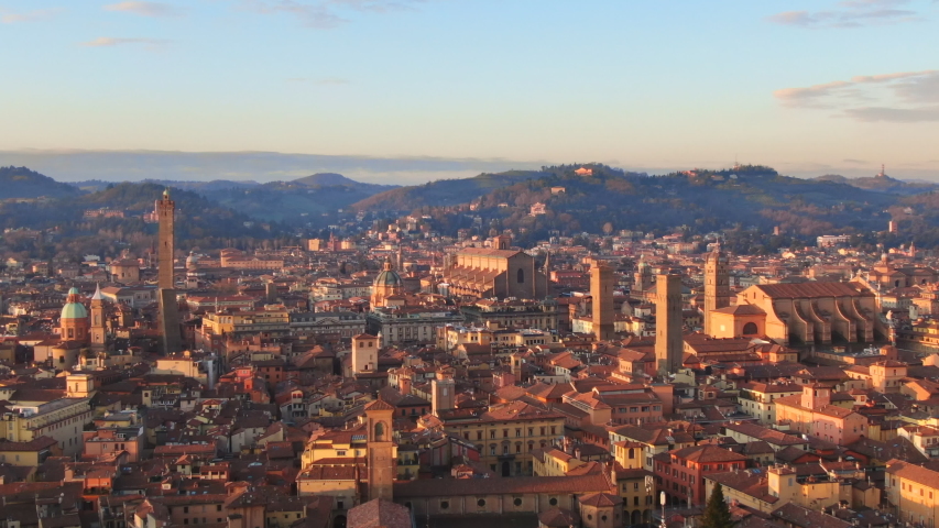bologna drone aerial shot fly over city center downtown at sunrise orbit 4k Royalty-Free Stock Footage #1048585630