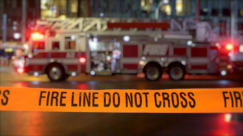 Emergency Fire Truck Rescue, Red Light Fireman Vehicle Danger Scene Fire Line Royalty-Free Stock Footage #1048586056