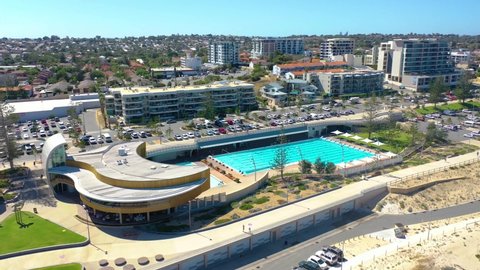 MARCH 7,2020: Aerial video of the Scarborough Beach pool and the beach. Western Australia 