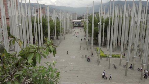Unidentified people at the Parque De Las Luces (Park of Lights) in Medellin, Colombia, circa April 2019. The Parque De Las Lucas is a popular attraction in El Centro in Medellín with 300 light poles.