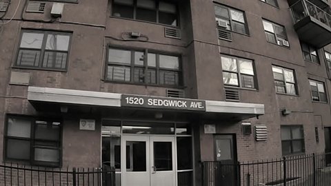 NEW YORK - FEB 9, 2010: legendary 1520 Sedgwick Ave in Boogie Down Bronx, NYC. Famous birthplace of Hip Hop, 1520 Sedgwick housing projects provided recreation center for earliest performances.