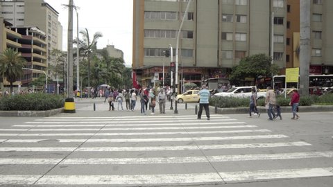 Unidentified people on the Avenida Oriental (Oriental Avenue) in Medellin, Colombia, circa April 2019
