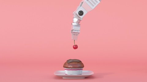 Grapping claw putting cherry on cupcake, 3D Rendering