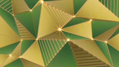 Geometric gold lines loop. Abstract green triangles background. Low polygon animation. Metallic, luxury, shiny.