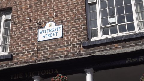 CHESTER, CHESHIRE/ENGLAND - AUGUST 24, 2019: Watergate Street road sign of one of the most famous streets in Chester, Cheshire, England