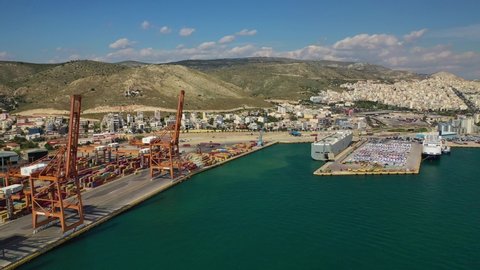 Aerial drone video of Keratsini ro ro car carrier vessel terminal, Piraeus, Attica, Greece