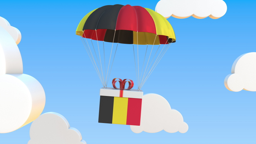 Box with national flag of Belgium falls with a parachute. Loopable conceptual 3D animation Royalty-Free Stock Footage #1048618588