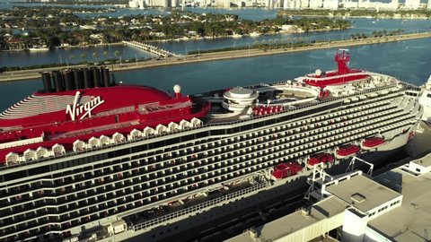 MIAMI BEACH, FL, USA - MARCH 18, 2020: Virgin Voyages Cruise ship Port Miami aerial footage