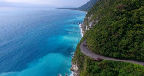 Aerial view of Qingshui Cliff surrounded by turquoise sea near the Taroko Park, Taiwan 2020