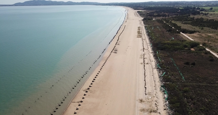 4K Aerial view of Anti-landing spikes / Iron bar on the beach of Kinmen, Taiwan