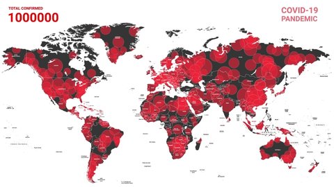 Animation of Map of Coronavirus spreading from Wuhan, COVID-19 Pandemic. World`s Statistics of infected People, Coronavirus COVID-19 novel. Цorld map with animation of spread of infection Coronavirus.