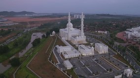 Aerial view of the beautiful Sri Sendayan Mosque in the morning, Seremban, Negeri Sembilan, Malaysia.