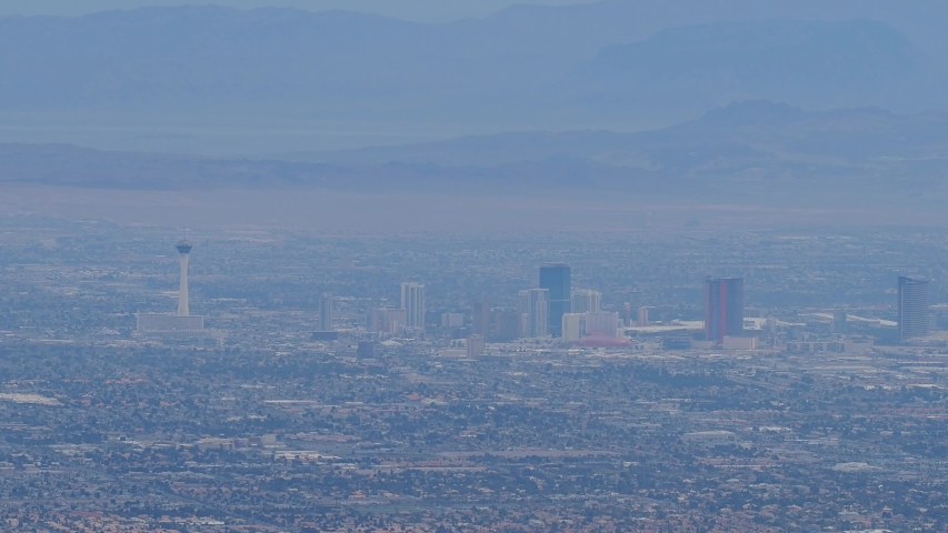 Aerial view of the famous strip skyline from Turtlehead peak trail at Las Vegas, Nevada