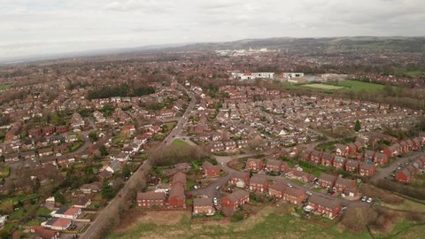 Macclesfield, Cheshire / UK - 03 19 20: Suburban Housing, Cheshire UK, Quick Dolly Right to Left. Drone Clip, Rec 709