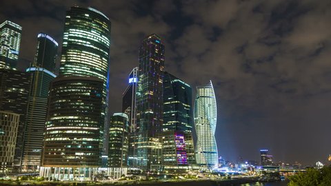 4K, UHD (Time lapse) Moscow International Business Center so-called Moscow-City skyscrapers, consist of business, residential and lifestyle clusters. Night time.