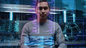 Software Programmer Working on Computer with Neural Networking, Machine Learning, Big Data, Artificial Intelligence. Coding Language Projection Reflects on His Face. POV Portrait Camera - Powered by Shutterstock - Get 15% off with code: PIKWIZARD15