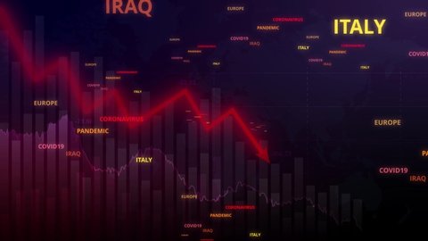 Coronavirus stock market crisis motion background animation. Covid-19 financial outbreak words floating on background with charts and stock market bars.